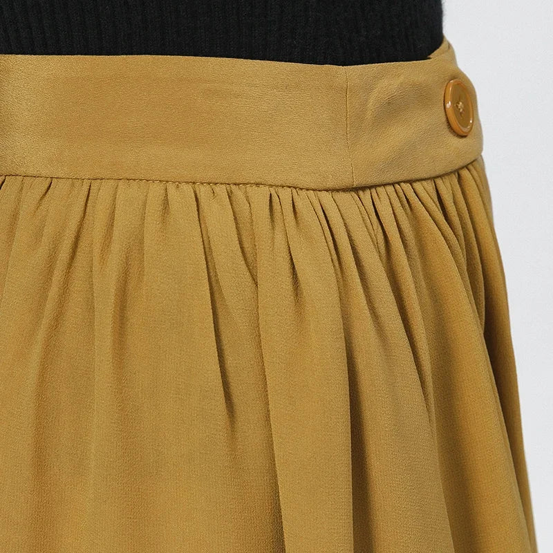 Detailed shot of the side waistband and secure closure construction of the silk wrap skirt — From Borcelleclothes.
