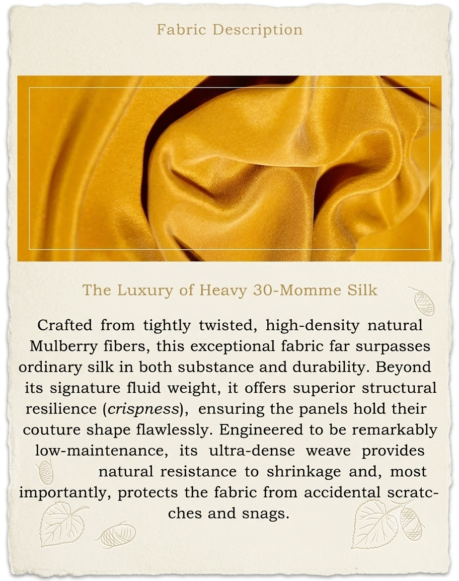 Close-up of the folded 30-momme heavy Mulberry silk texture in Aztec Gold, showcasing the fabric draping and crisp quality — From Borcelleclothes.