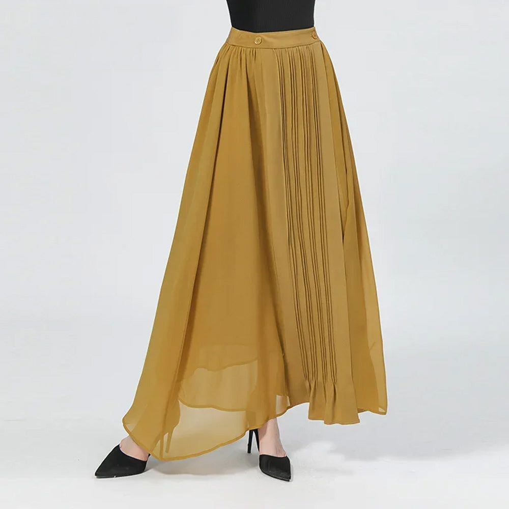 Women's luxury golden-mustard silk wrap midi skirt with structured panels, delicate pintuck details, and flowing georgette hem. — From Borcelleclothes.