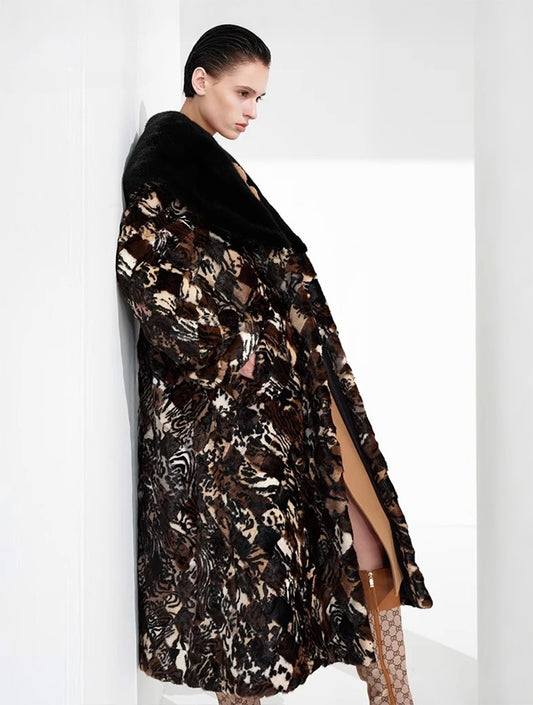 Women’s mid-calf mink fur coat in Tiger Ice mosaic pattern. Features a shawl collar, loose silhouette, and a drawstring waist with gold-tone details. — From Borcelleclothes.