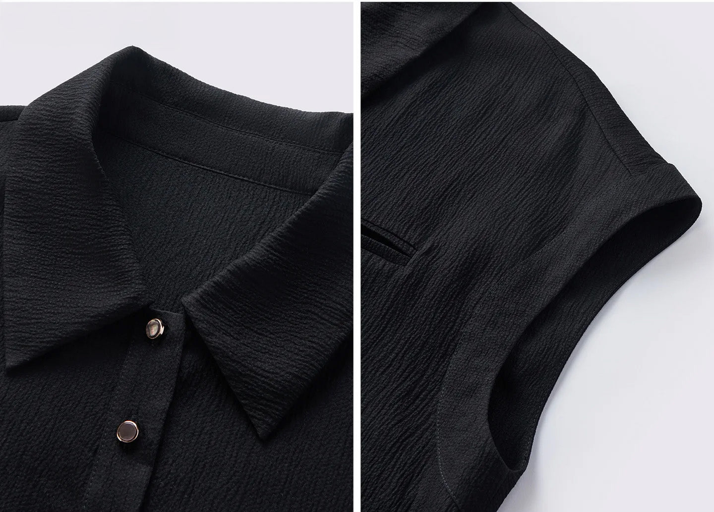 Detail collage showcasing the pointed polo collar and structured armhole facing on the silk shirt — From Borcelleclothes.