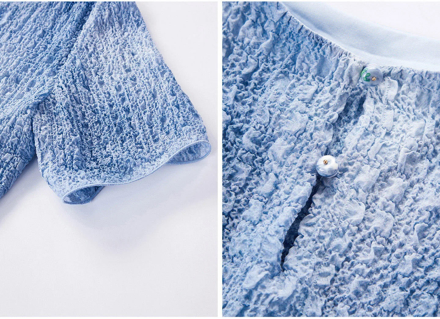 Detail collage featuring the elongated sleeve and buttoned back slit closure of the Cloudy Sky silk top — From Borcelleclothes.