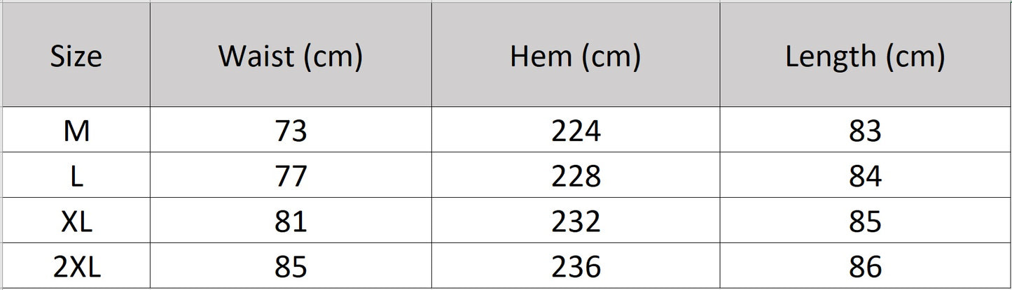 Women's size chart for a mid-calf flared gathered skirt crafted from Grade 6A Mulberry silk georgette in the Marguerite Octaves, featuring an invisible zipper and viscose lining. — From Borcelleclothes.
