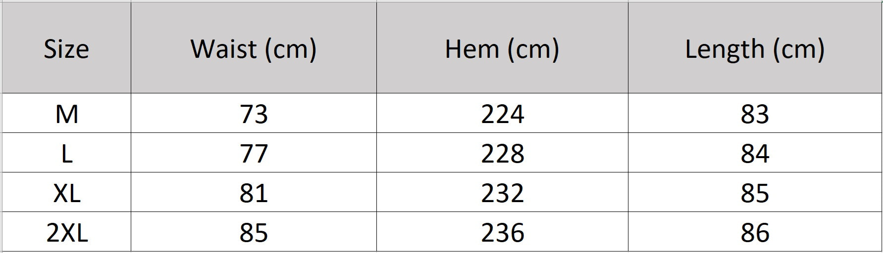 Women's size chart for a mid-calf flared gathered skirt crafted from Grade 6A Mulberry silk georgette in the Marguerite Octaves, featuring an invisible zipper and viscose lining. — From Borcelleclothes.