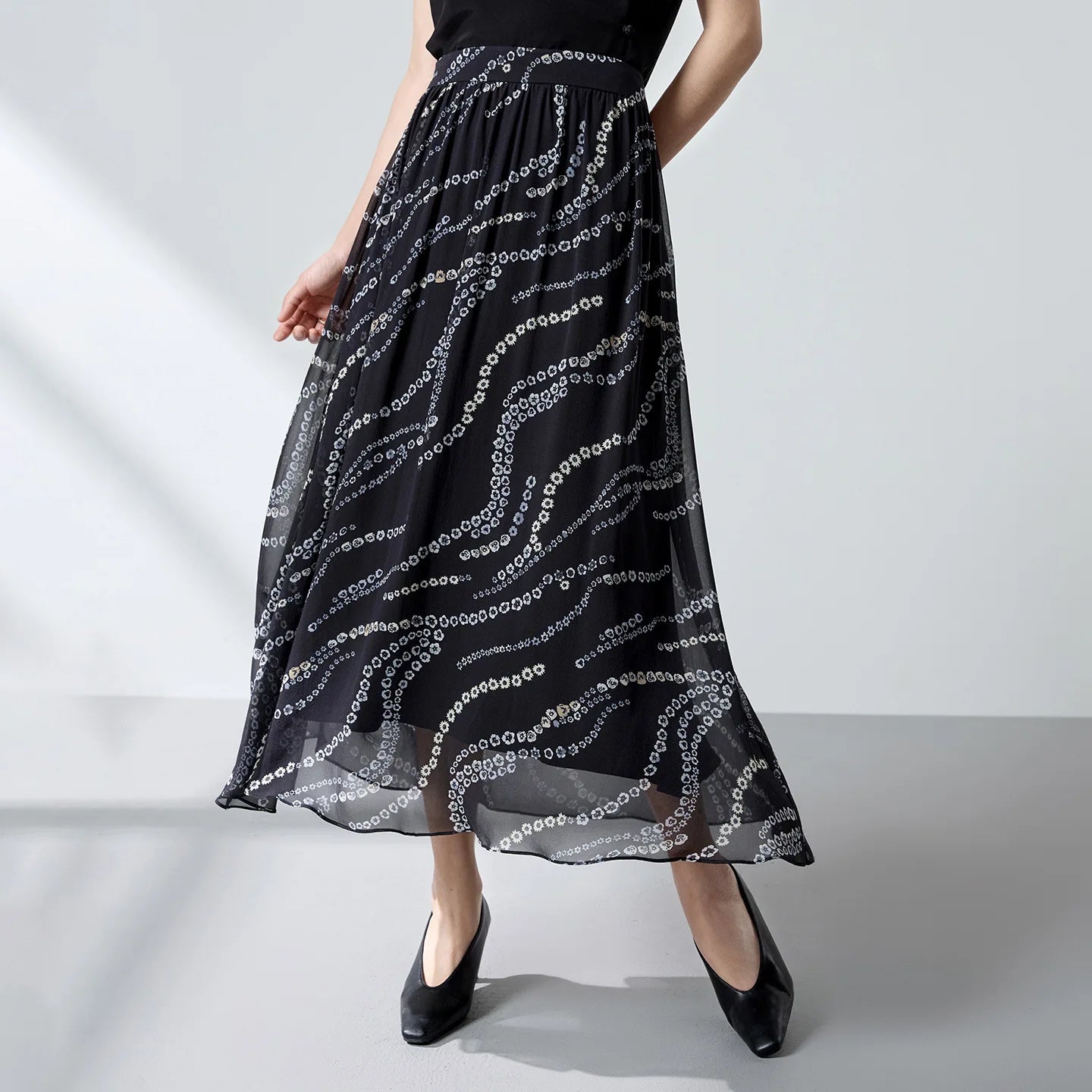 Women's mid-calf flared gathered skirt crafted from Grade 6A Mulberry silk georgette in the Marguerite Octaves, featuring an invisible zipper and viscose lining. — From Borcelleclothes.