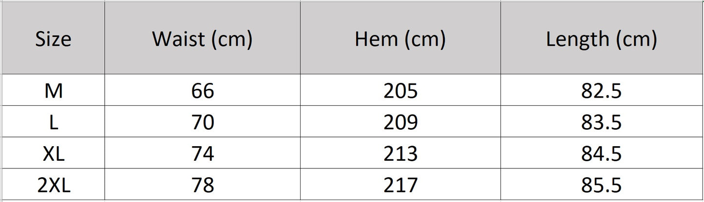 Women's  size-chart for a 6A Grade Mulberry silk midi skirt, featuring an immersive 3D geometric print and a comfortable knit-rib waistband. — From Borcelleclothes.