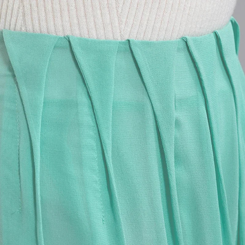 Front view of the waist section showing the spread pleats on a women's Mulberry silk skirt in Cross Waves — From Borcelleclothes.