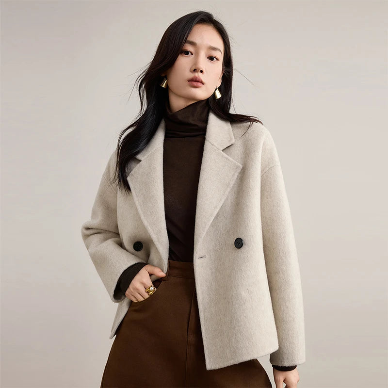 Women's cropped double-breasted 100% virgin wool jacket in Bohemian shade, featuring notch lapels and hand-finished double-faced construction. — From Borcelleclothes.