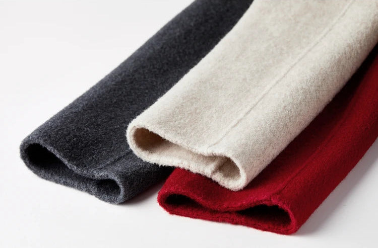 Close-up of the jacket cuffs in all three colors, showcasing the seamless double-faced tailoring. — From Borcelleclothes.