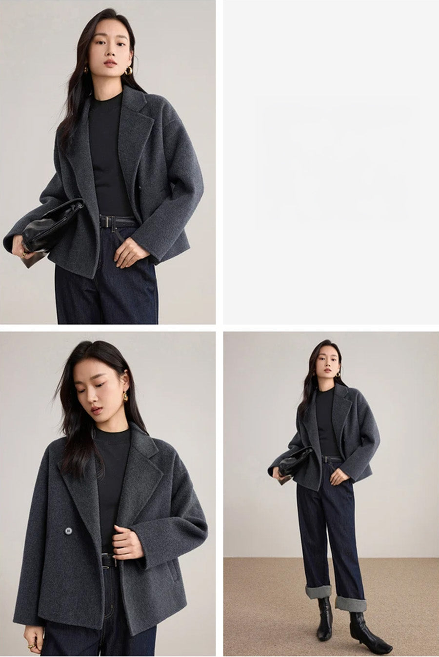 A collage of a woman in three different poses wearing the Pause in Dialogue charcoal wool jacket, demonstrating its versatile style. — From Borcelleclothes.