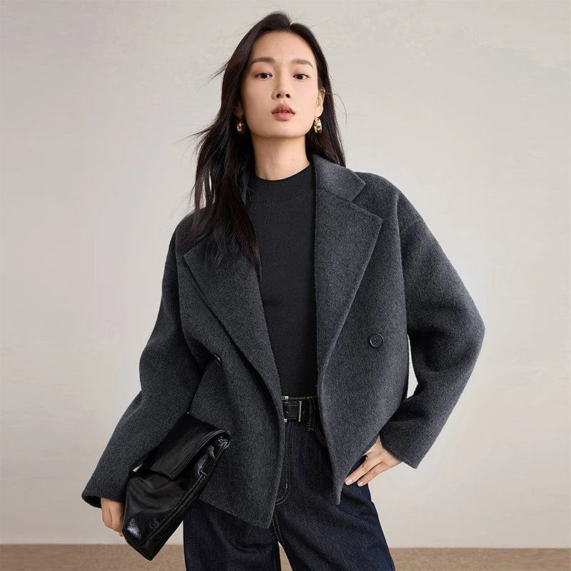 Women's cropped double-breasted 100% virgin wool jacket in Pause in Dialogue shade, featuring notch lapels and hand-finished double-faced construction. — From Borcelleclothes.