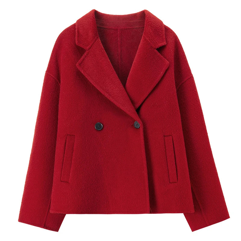 Flat lay view of the Sweet Rebellion red wool jacket front, showing the double-breasted two-button design. — From Borcelleclothes.