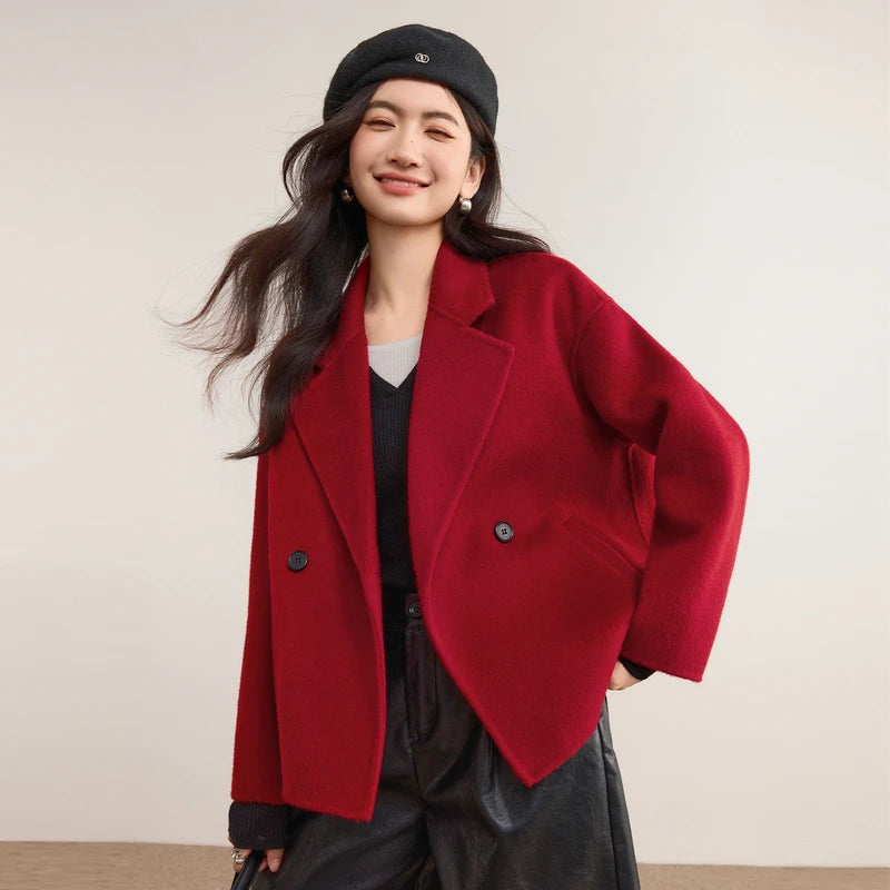 Women's cropped double-breasted 100% virgin wool jacket in Sweet Rebellion shade, featuring notch lapels and hand-finished double-faced construction. — From Borcelleclothes.