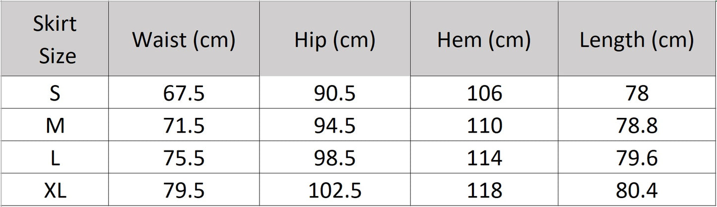 A comprehensive size chart for the Improvisation midi skirt, detailing hip, waist, and length measurements to ensure the perfect straight silhouette. — From Borcelleclothes.