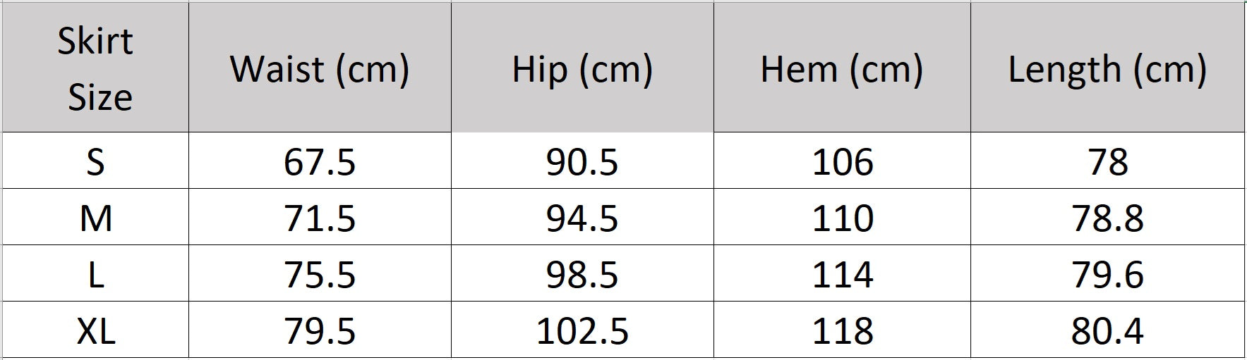 A comprehensive size chart for the Improvisation midi skirt, detailing hip, waist, and length measurements to ensure the perfect straight silhouette. — From Borcelleclothes.