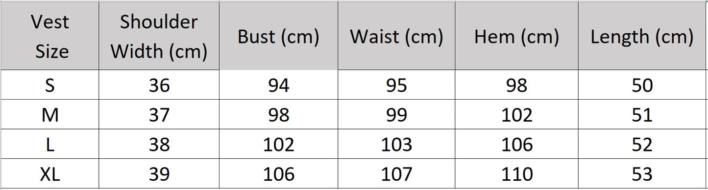 A detailed size chart for the Improvisation vest, showing measurement guides (chest, waist, back length) for the slim, sleeveless silhouette. — From Borcelleclothes.