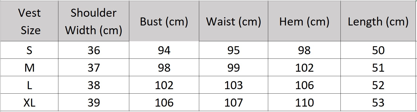 A detailed size chart for the Improvisation vest, showing measurement guides (chest, waist, back length) for the slim, sleeveless silhouette. — From Borcelleclothes.