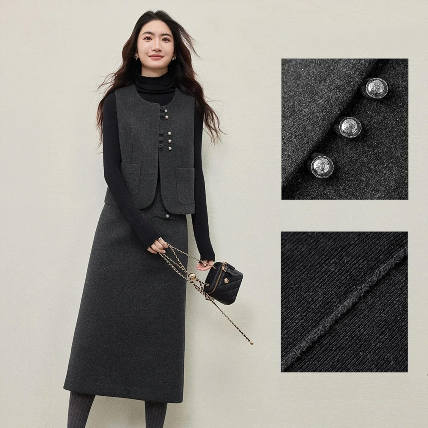 A collage highlighting the "rythm" of Borcelle's design. A model’s pose is paired with macro shots of the unique 2-3 group button layout on the vest and the sharp line of the exposed seam. — From Borcelleclothes.