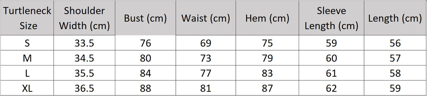 A clear technical size chart for the Syncopation turtleneck, detailing all relevant measurements (shoulder, chest, sleeve length, back length) for an architectural fit. — From Borcelleclothes.
