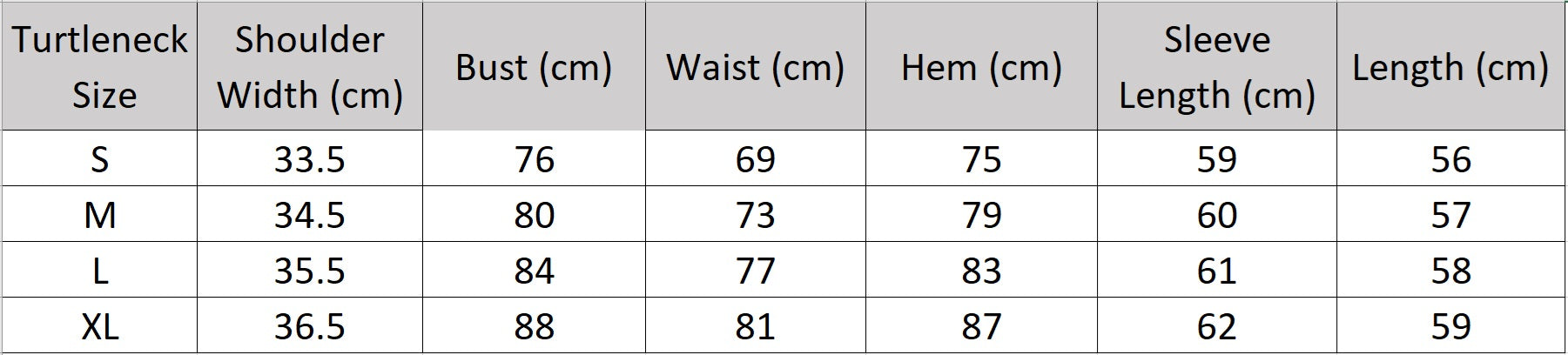A clear technical size chart for the Syncopation turtleneck, detailing all relevant measurements (shoulder, chest, sleeve length, back length) for an architectural fit. — From Borcelleclothes.
