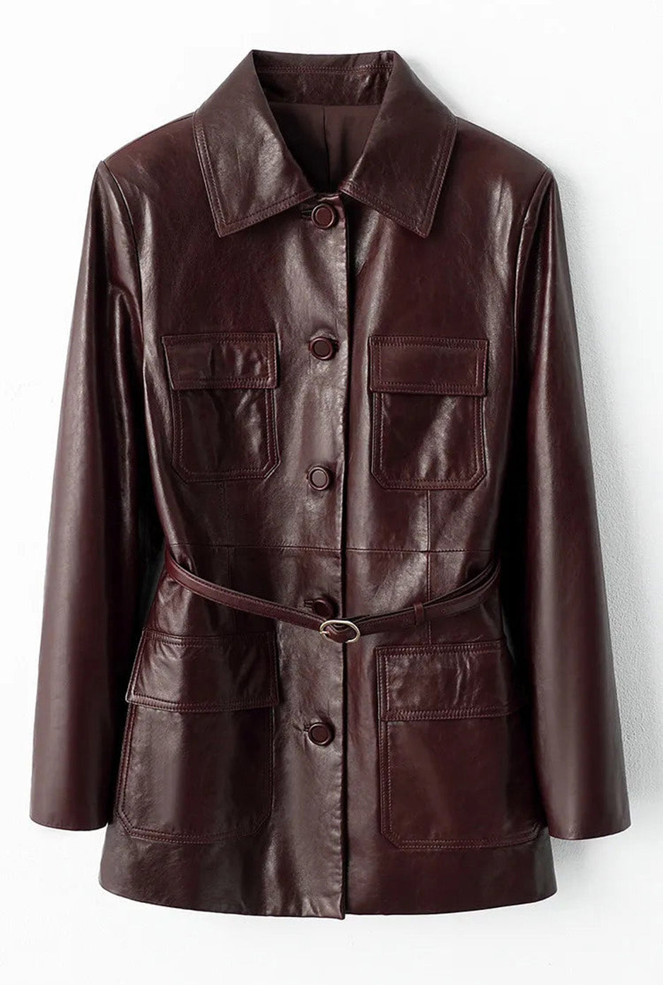 Flat front view of women's Vintage Amarone full-grain oil-waxed sheepskin safari jacket — From Borcelleclothes.