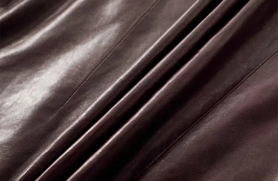 Close-up of wave-folded pull-up texture on Vintage Amarone waxed sheepskin jacket — From Borcelleclothes.