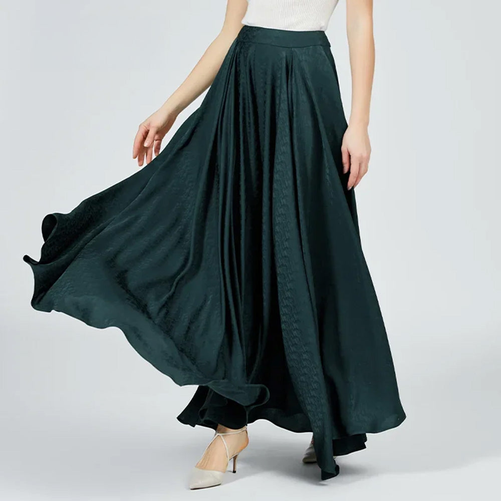 Women's ankle-length palazzo trousers crafted from 100% Grade 6A Mulberry silk jacquard in Conciliatory Emerald. Featuring a structured waistband and front box pleats. — From Borcelleclothes.