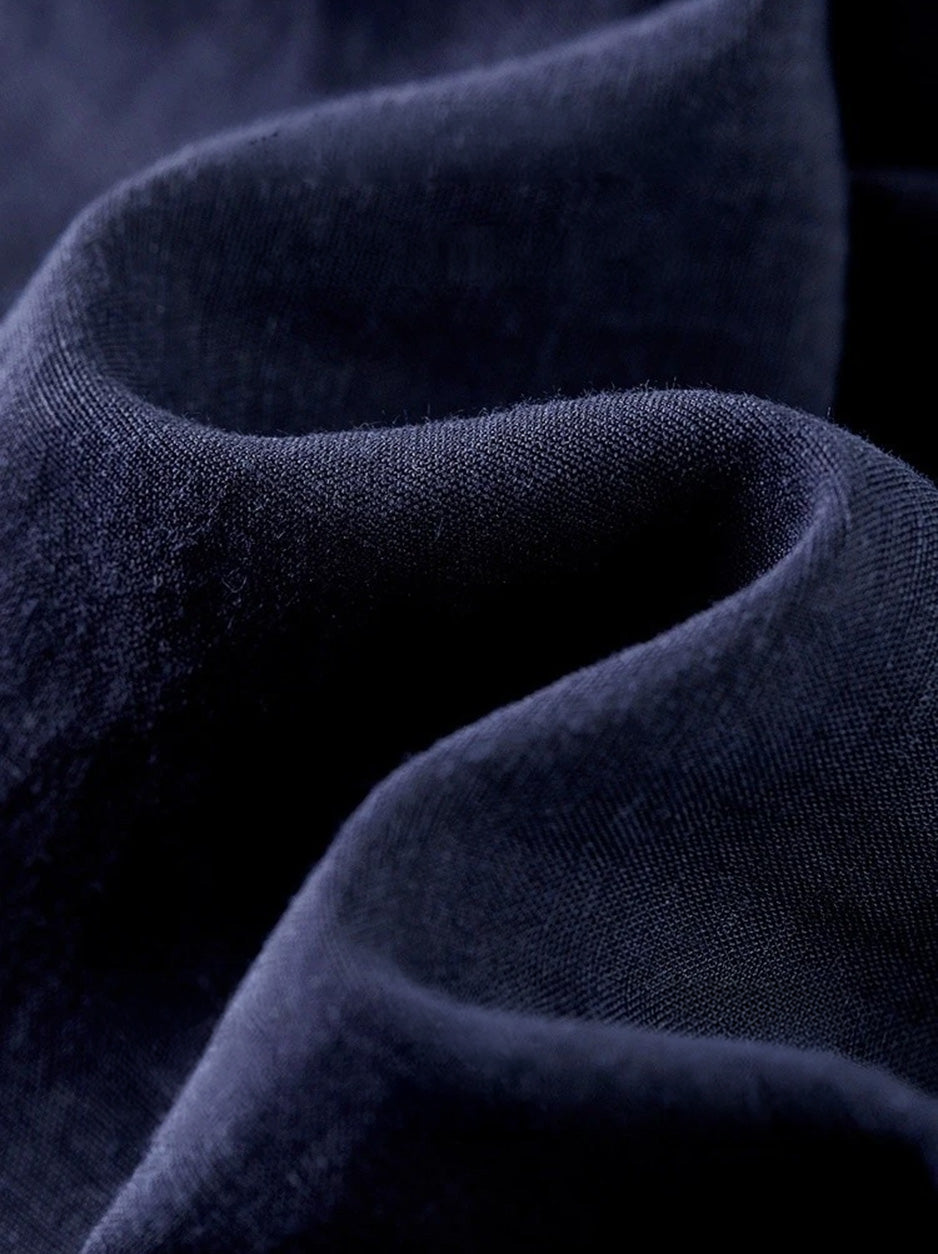 Detailed view of the L'Oiseau Bleu fabric's "wave" weave, illustrating the rich tactile depth of the lyocell-viscose blend — From Borcelleclothes.