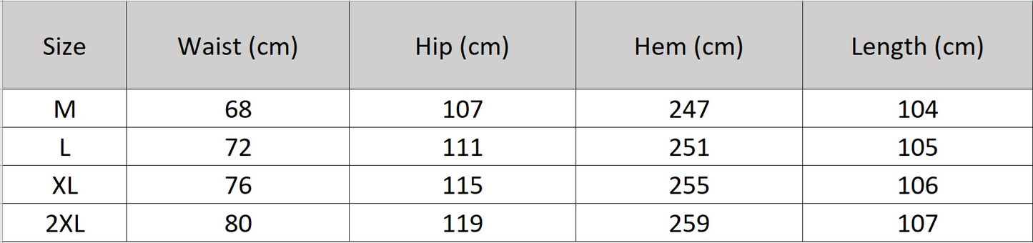 Women's size chart for a Heavy 40 momme Mulberry silk skirt, featuring a pleated overlay fixed by contrast topstitching on a structured waist yoke. Floor-length in Deep Waters shade. — From Borcelleclothes.