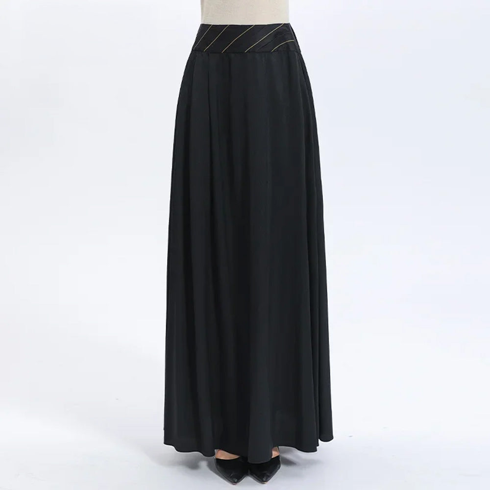 Women's Heavy 40 momme Mulberry silk skirt, featuring a pleated overlay fixed by contrast topstitching on a structured waist yoke. Floor-length in Deep Waters shade. — From Borcelleclothes.