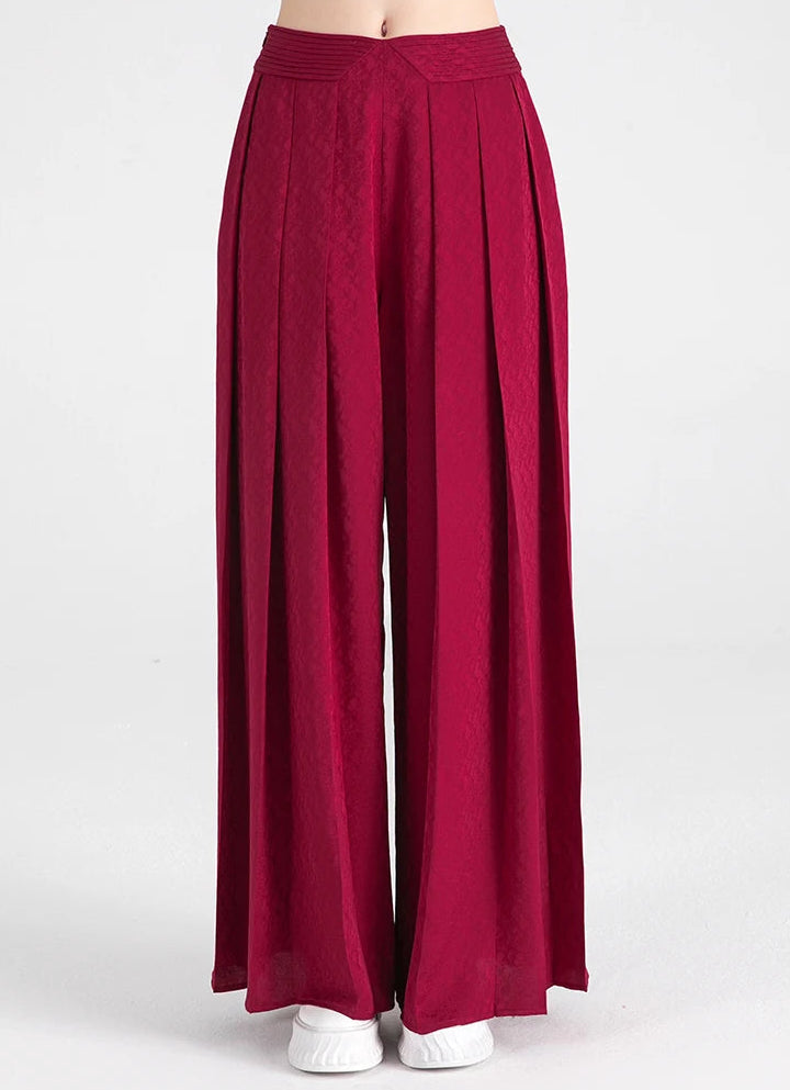 Front view of women’s pleated yoke Mulberry silk trousers in Queen of Night — From Borcelleclothes.