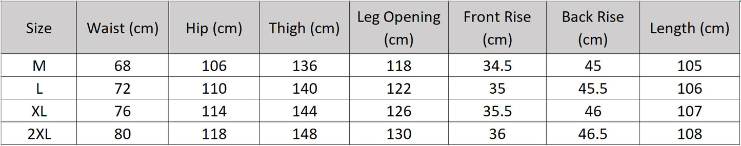 Women's size chart for a Floor-length silk trousers in Queen of Night color, crafted from 100% Grade 6A Mulberry silk jacquard with a pleated waist yoke, featuring a V-cut at the front. — From Borcelleclothes.