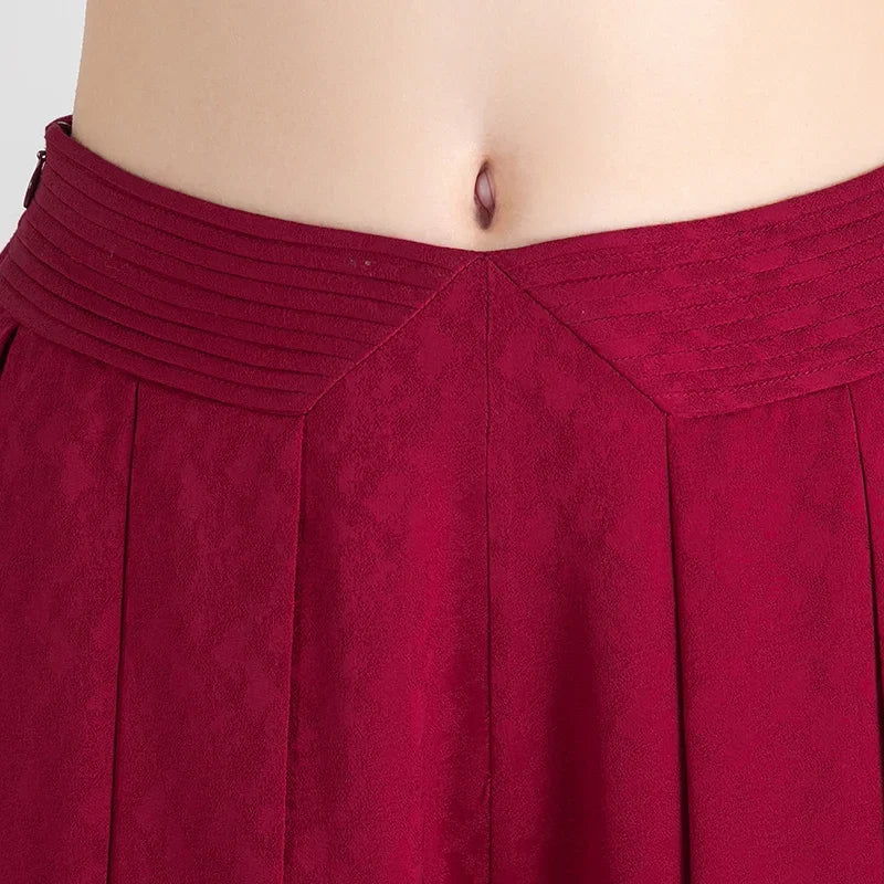 Close-up of the front upper section and V-cut waist of Queen of Night silk trousers — From Borcelleclothes.