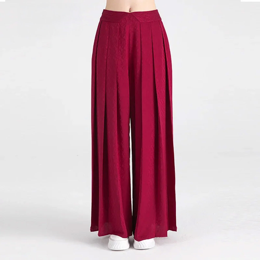 Women's Floor-length silk trousers in Queen of Night color, crafted from 100% Grade 6A Mulberry silk jacquard with a pleated waist yoke, featuring a V-cut at the front. — From Borcelleclothes.