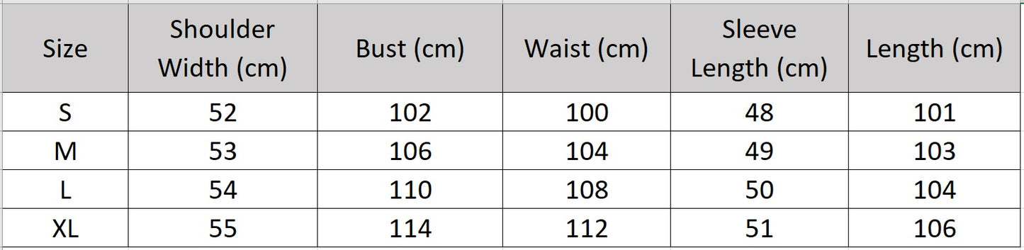Women's size chart for a double-sided wool coat, featuring notch lapels, dropped shoulders, and a seamless, fluid silhouette. — From Borcelleclothes.
