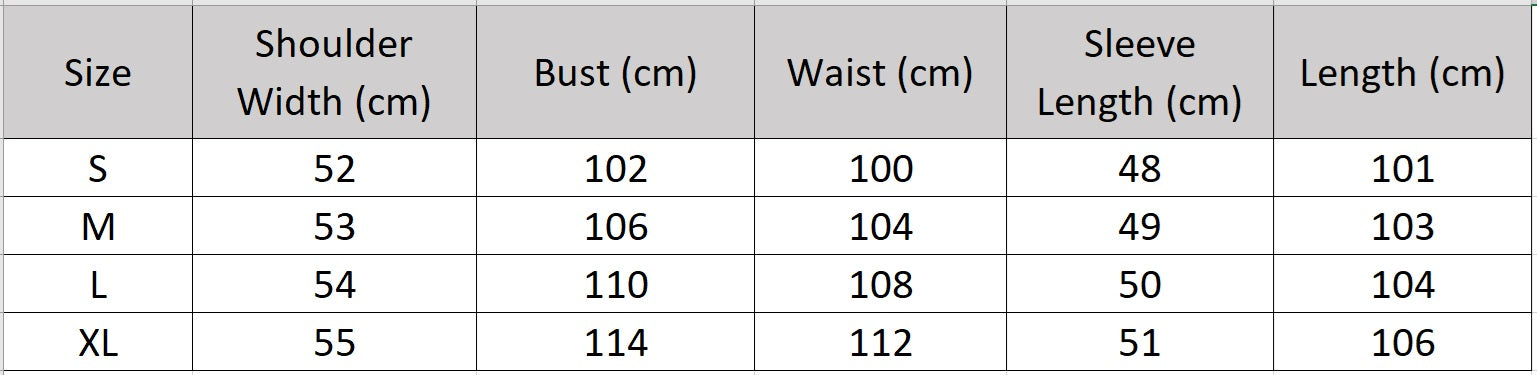 Women's size chart for a double-sided wool coat, featuring notch lapels, dropped shoulders, and a seamless, fluid silhouette. — From Borcelleclothes.
