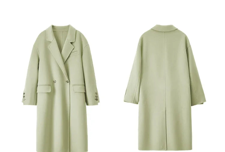 From Borcelleclothes: Front and back composition of the Spring Staccato coat in sage, illustrating the balance between the substantial weight of the wool and its effortless stride.