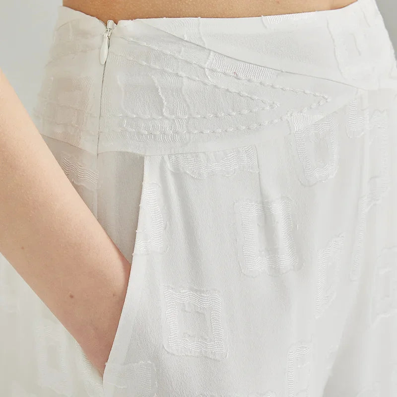 Detailed close-up of the tailored side slash pocket and raised geometric jacquard silk texture — From Borcelleclothes.
