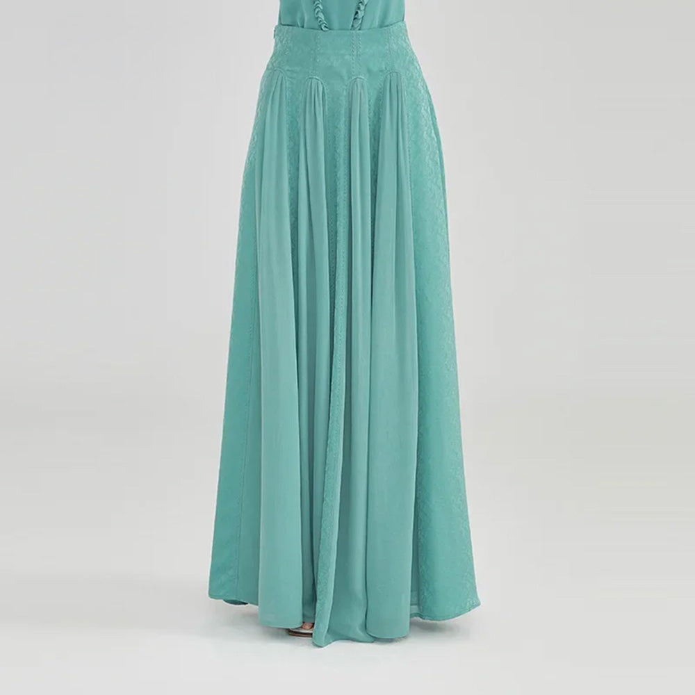 Women's Mulberry silk maxi skirt in Récif de la Niagara hue, featuring alternating panels of marble jacquard defined by topstitching and semi-sheer georgette inserts. — From Borcelleclothes.