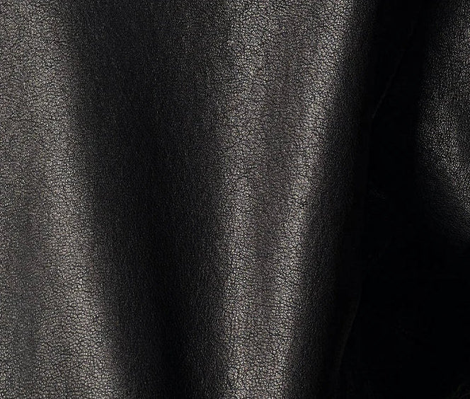 Macro texture shot of fine-grain sheepskin Nappa leather in Fluid Obsidian with drum-dyed finish — From Borcelleclothes.
