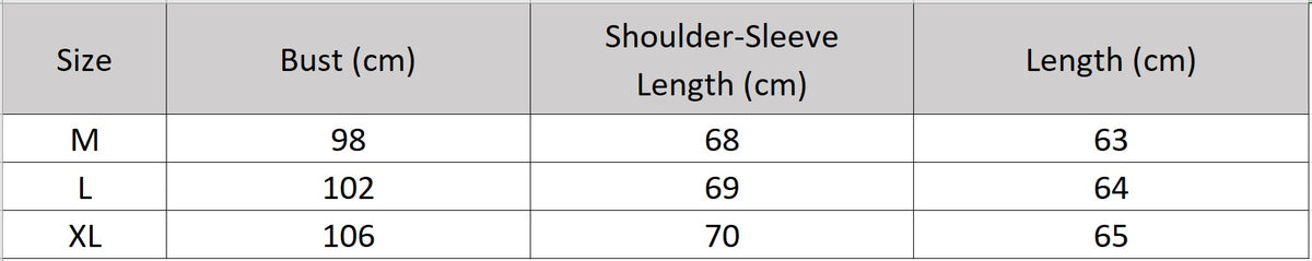 Women's size chart for a Reversible Nappa Sheepskin jacket featuring a sumi-e inspired watercolor print, fluid kimono sleeves, bound edges, and an asymmetric crossover front. — From Borcelleclothes.