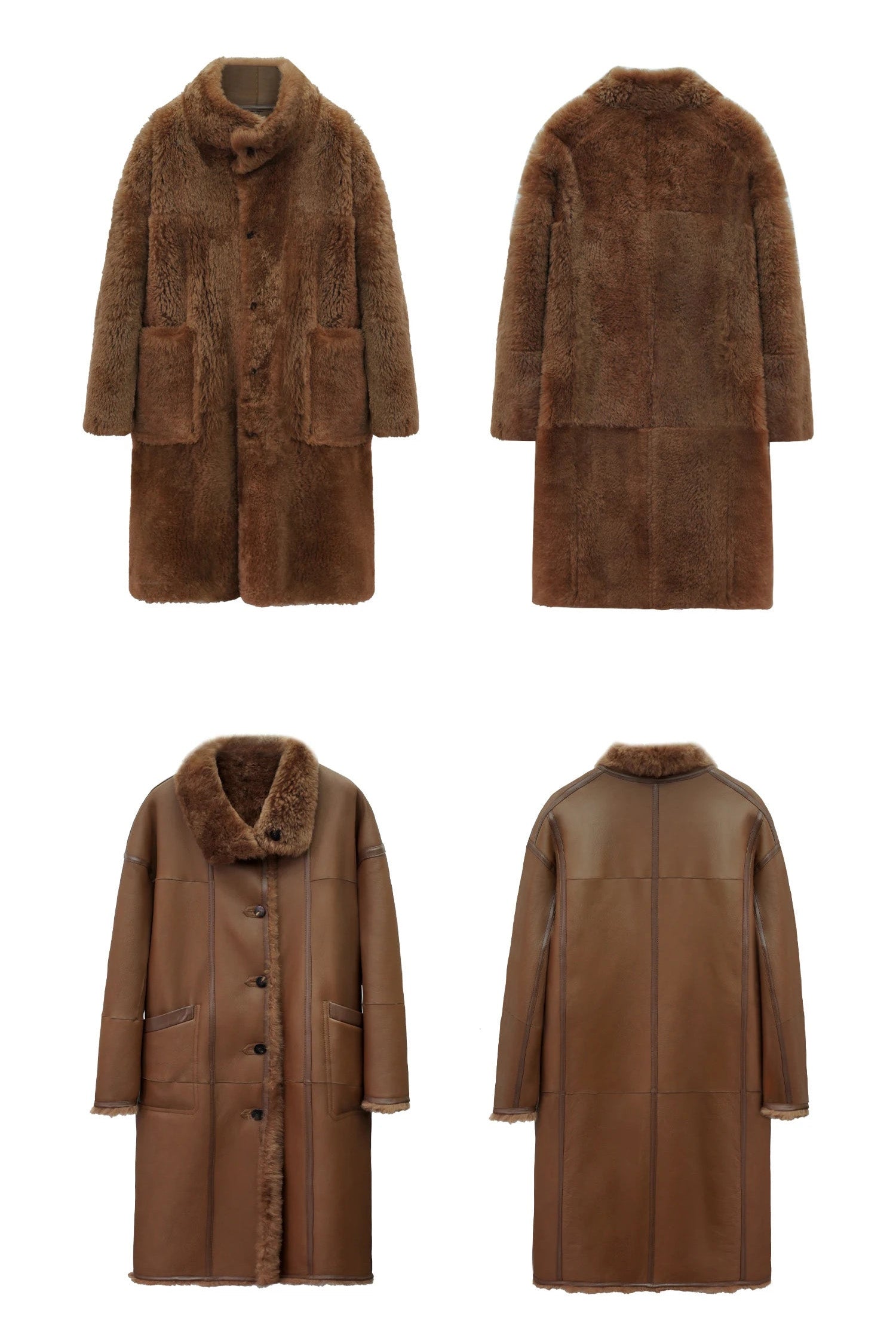 Front and back views of the Cedar Resin shearling coat, showing both fur and leather sides — From Borcelleclothes.