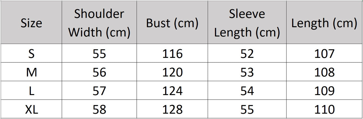 Women’s size chart for a reversible shearling coat, featuring glossy leather trims and mid-calf silhouette — From Borcelleclothes.