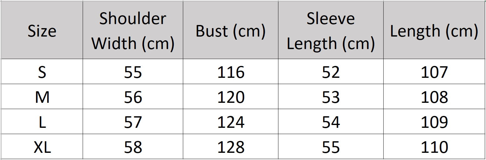 Women’s size chart for a reversible shearling coat, featuring glossy leather trims and mid-calf silhouette — From Borcelleclothes.