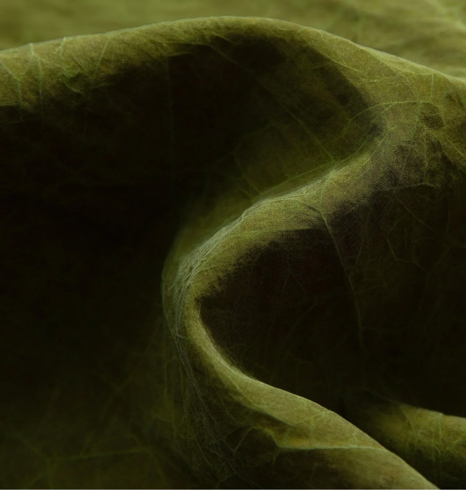 Close-up of the sun-baked mud-dyed olive silk texture — From Borcelleclothes.