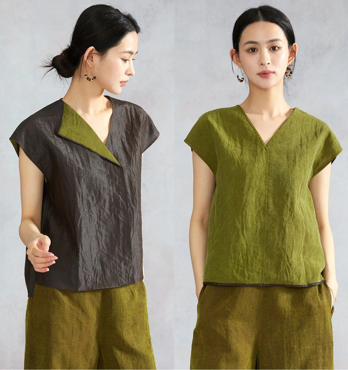 Women's Reversible Xiangyunsha Mulberry silk top in Extra Virgin. Features a dual-faced texture, asymmetrical lapel, wrapped V-neck, and clean construction. — From Borcelleclothes.