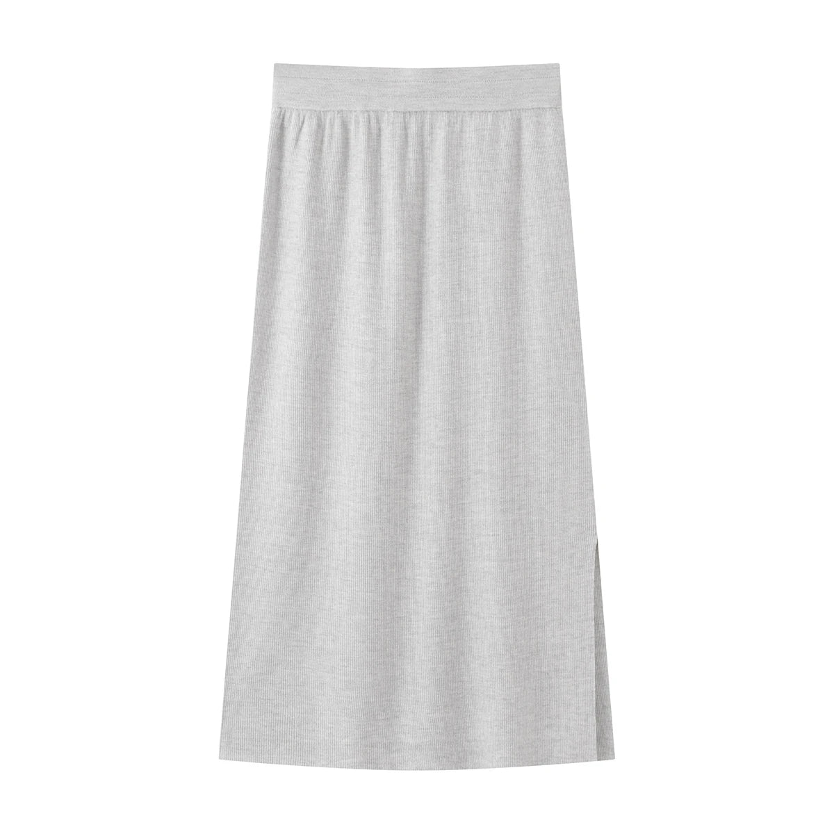 Women's sculptural midi skirt in rib wool-silk blend with a discreet side slit. Straight silhouette in Morning Downpour hue. — From Borcelleclothes.