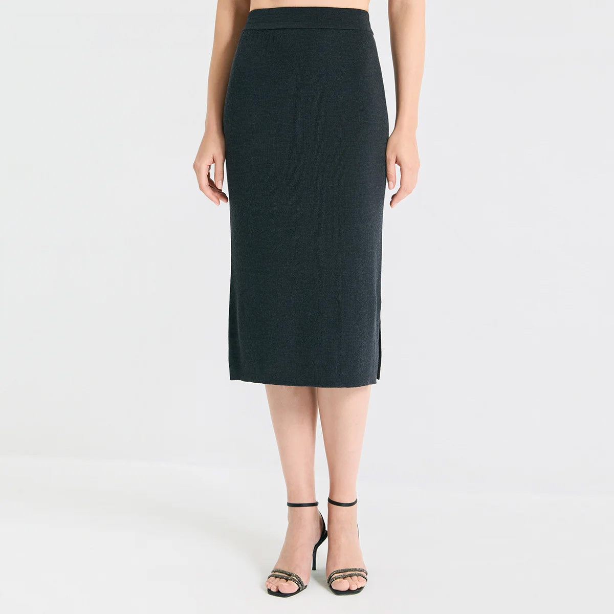 Women's sculptural midi skirt in rib wool-silk blend with a discreet side slit. Straight silhouette in Silent Adept hue. — From Borcelleclothes.