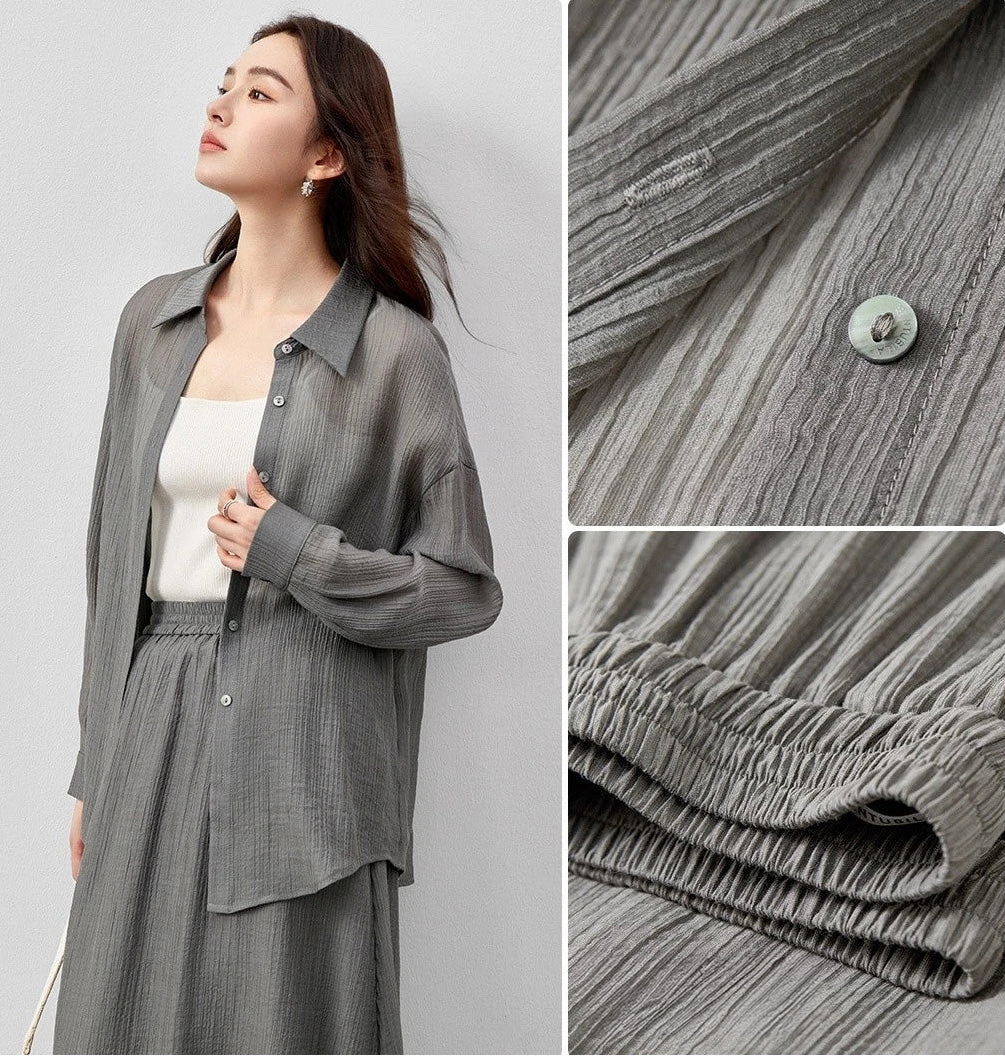 A collage of a woman in an unfastened graphite rain lyocell shirt and skirt waistband details. — From Borcelleclothes.