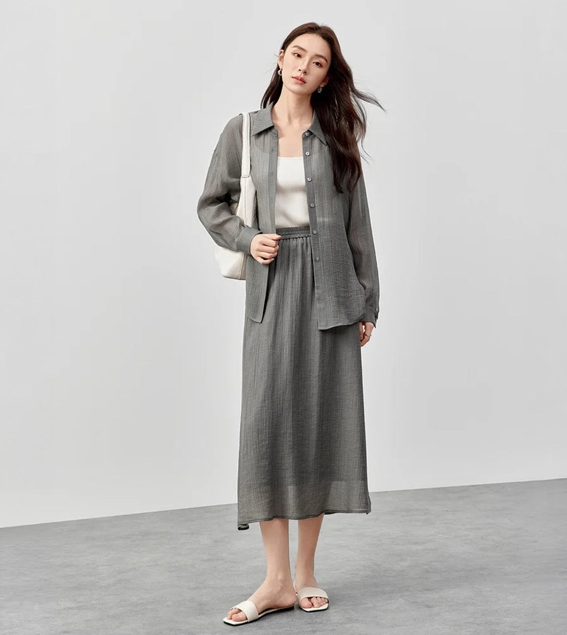 Women's semi-sheer lyocell two piece set in Graphite Rain color. Crinkled texture, fluid silhouette. — From Borcelleclothes.